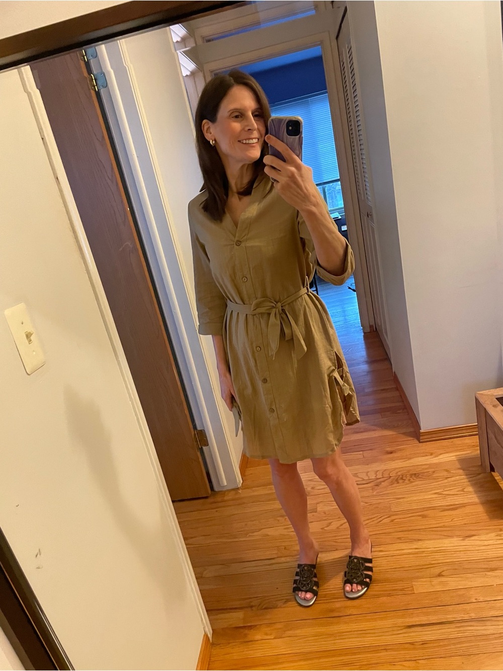 Tan Button-Front Shirt Dress with Waist Tie